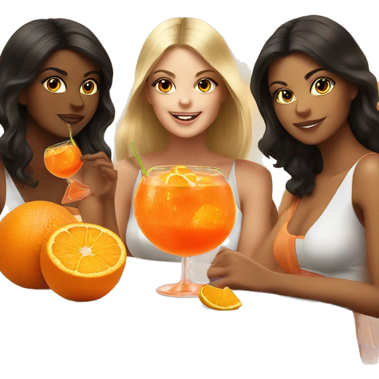 Three beautiful girls drinking aperol sitting on oranges emoji