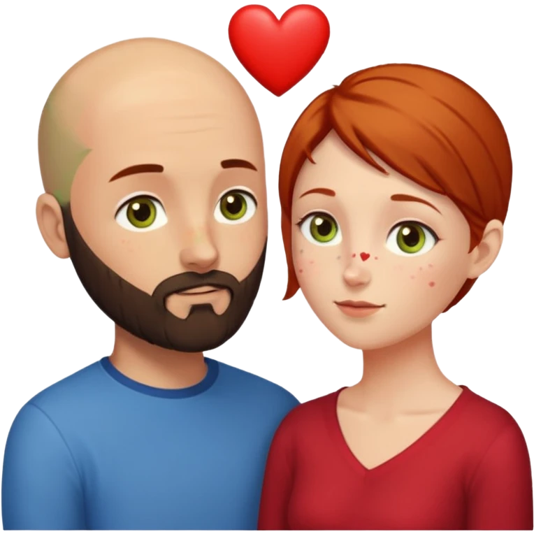 Couple. Bald man with dark brown-black beard. Woman with many small, faded, round freckles, white skin and she has auburn-yellow-brown dark hair. She has light yellow-brown-green eyes. He have hazel-blue eyes. They look at each other. Many small red hearts around them. emoji