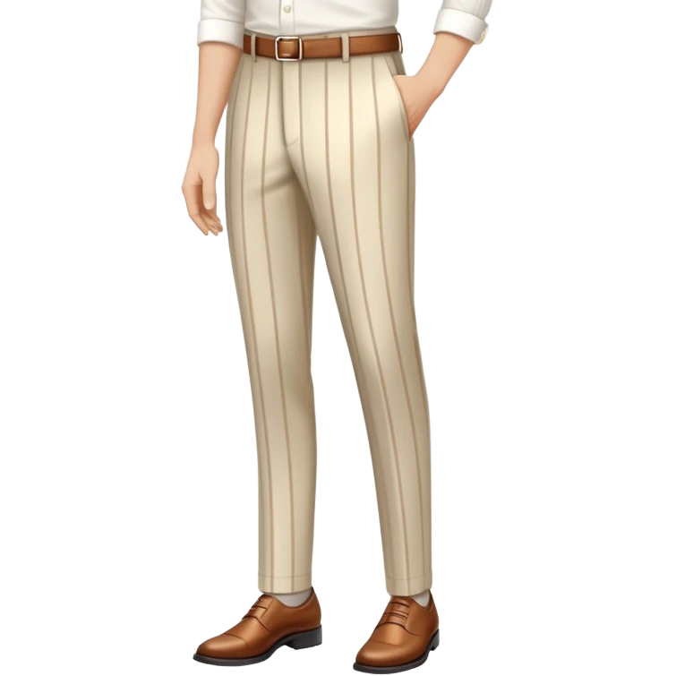 beige dress pants with white vertical stripes pattern, formal trousers with cuffed hem, clear vertical line pattern similar to plaid but only vertical lines, no model, isolated garment emoji