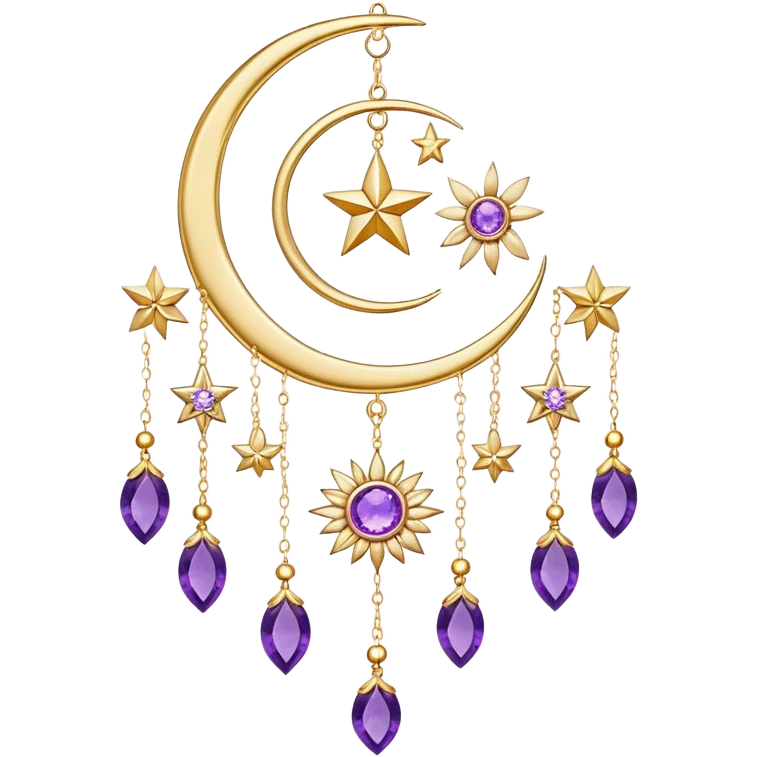 Epic beautiful gorgeous cute gold suncatcher, threads with shiny sparkly amethyst gemstones, flowers, crescents-moons, stars emoji