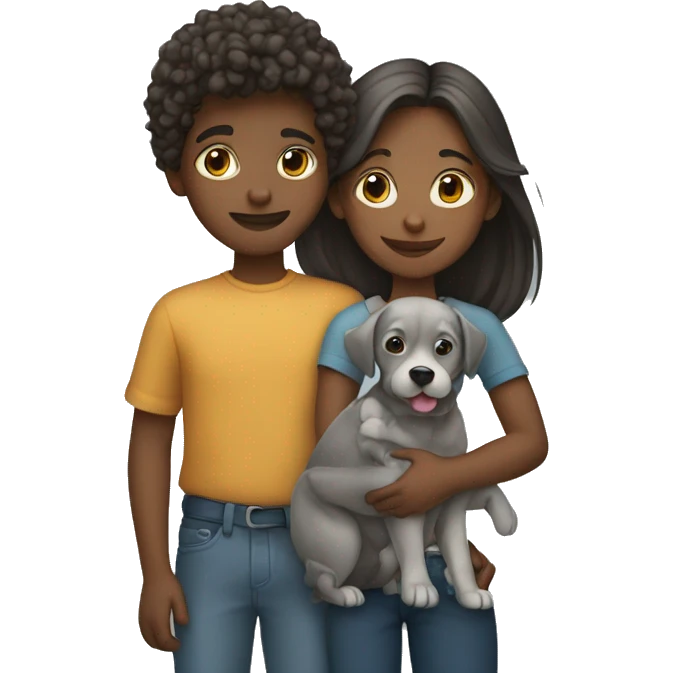 one boy and one girl holding a grey dog together emoji