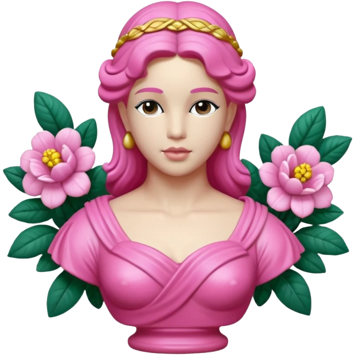 Jeff Koons style pink Grecian bust sculpture in a floral garden  emoji