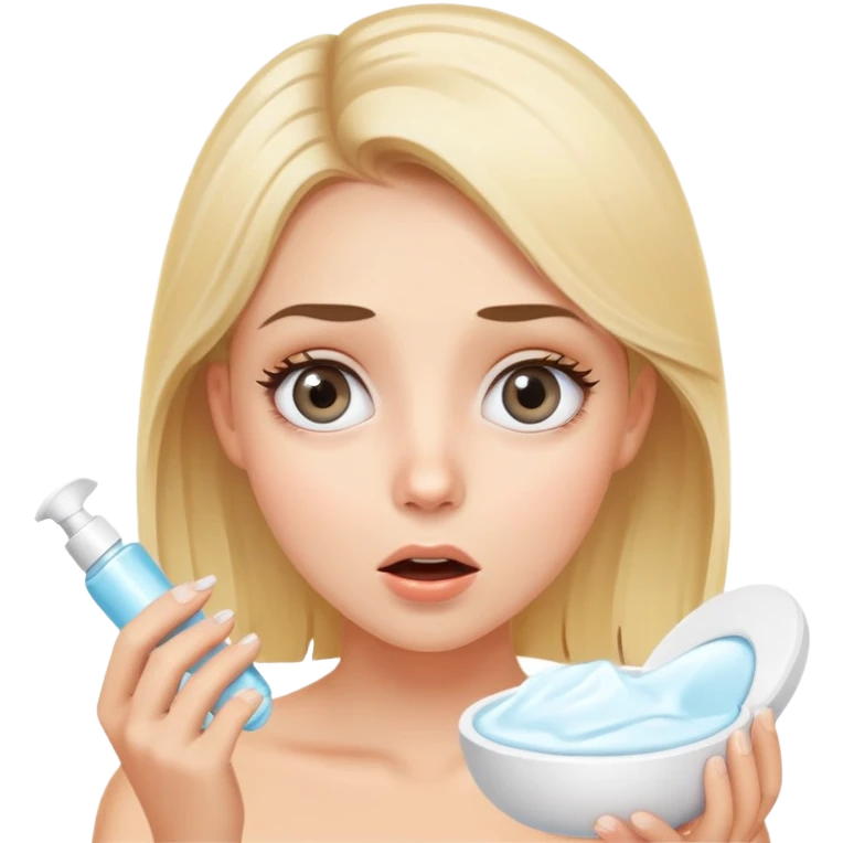 blonde girl with grey eyes doing skincare with surprised face emoji