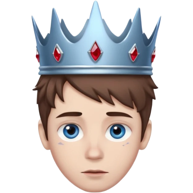 grey boy head with right eye blue and left eye red. he has messy brown hair and a silver crown with rubies on it emoji