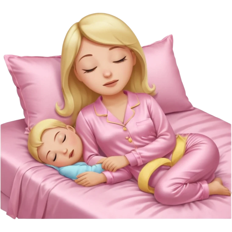Mulher dormindo de pijama na sua cama de cetim rosa bebê emoji