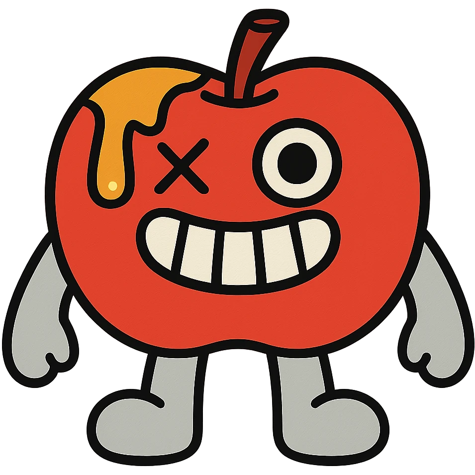 plush apple character with soft light grey limbs, left eye replaced by stitched X, golden ichor oozing from stem, wide toothy grin, no leaf emoji