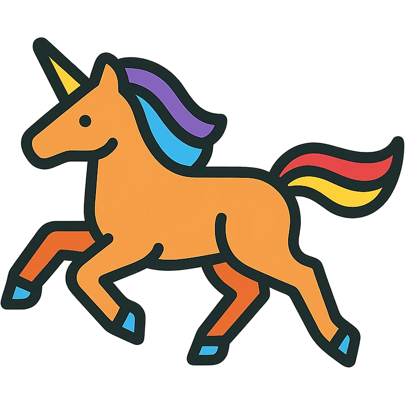 a running unicorn icon with vibrant rainbow colors, transparent background, logo-ready emoji