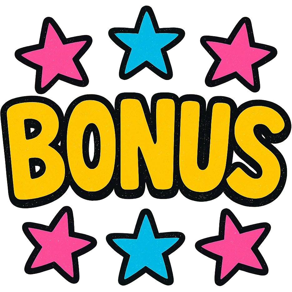 the word BONUS in large letters, all the same vibrant color, surrounded by stars, no background or sign behind, just the letters and stars, vibrant cartoon style emoji