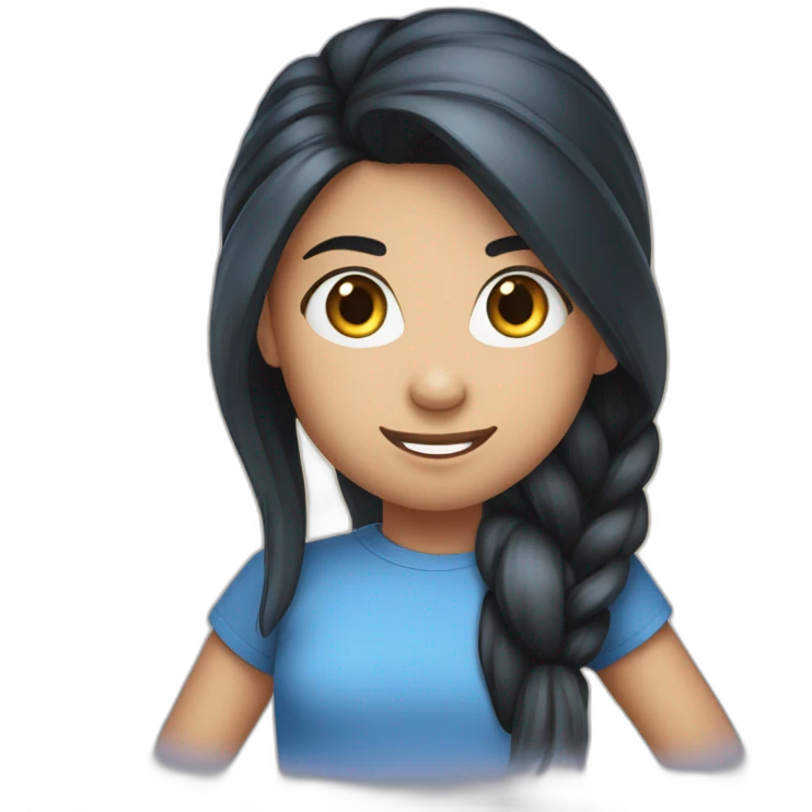 A 11 years old girl with long black hair tied back into a pony tail wearing a blue t shirt  emoji