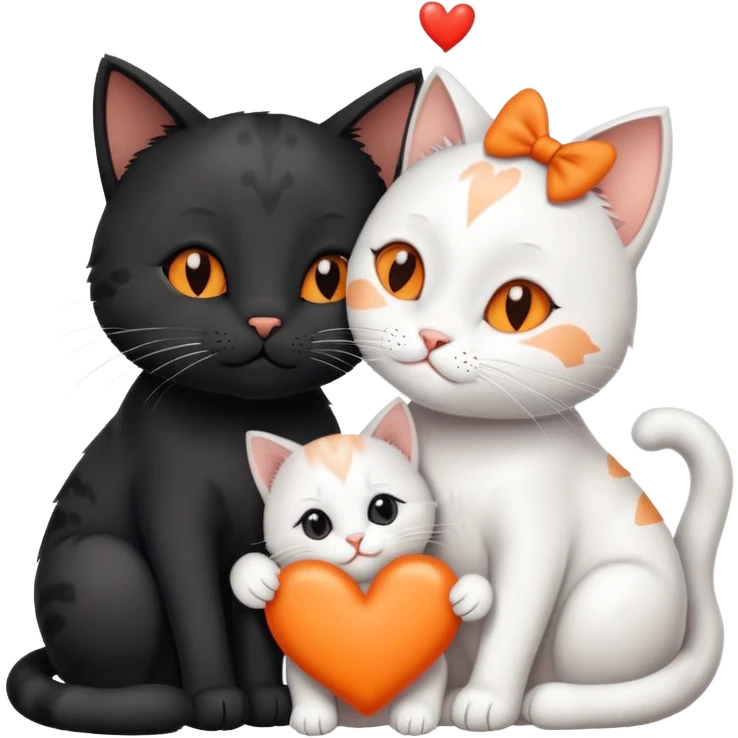 Big black cat is kissing a small white cat with hearts above emoji