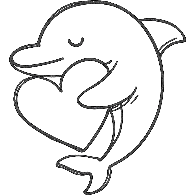 dolphin hugging a heart, hand drawn outline emoji