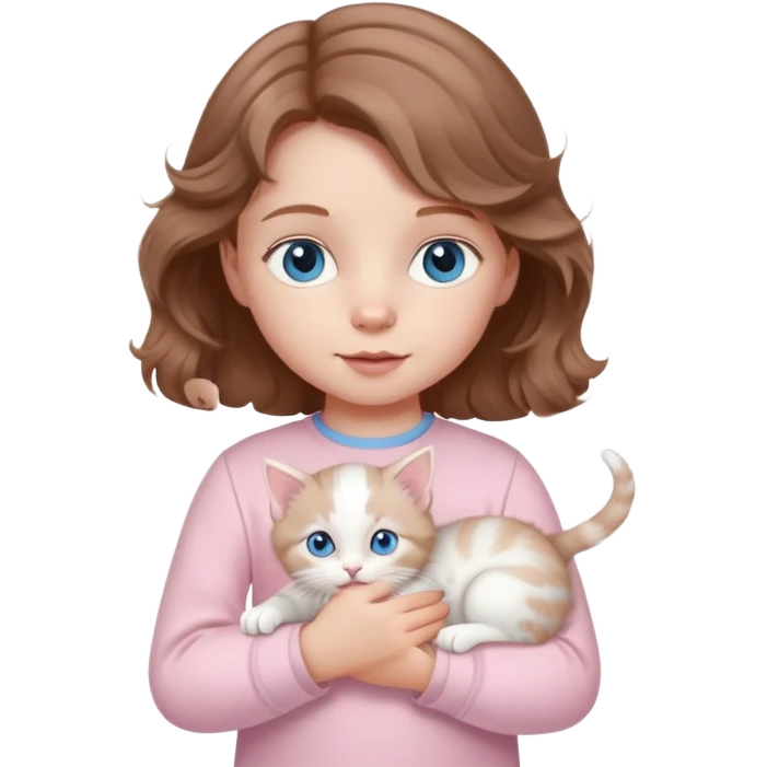 A little girl with wavy light brown hair and blue eyes and pale pink clothes holds a white kitten emoji