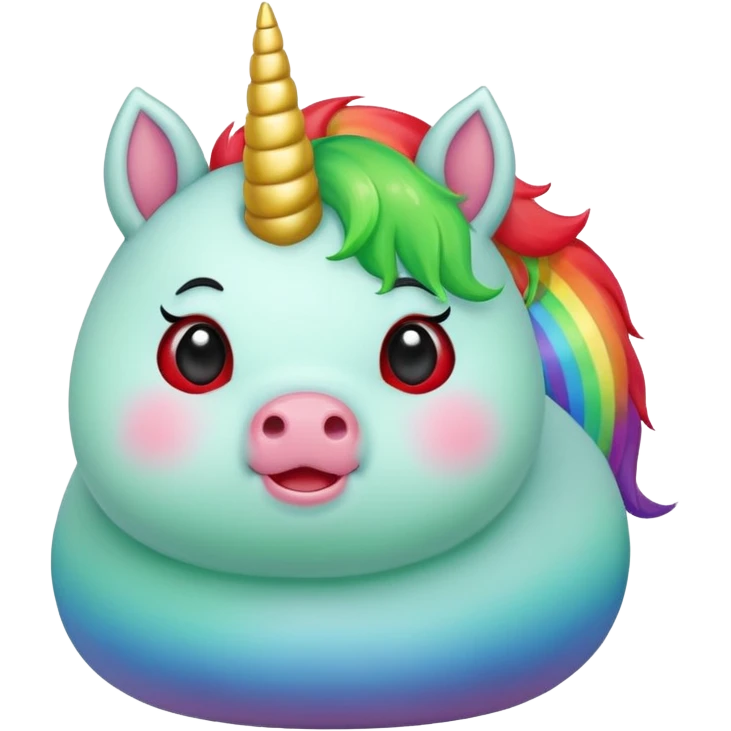 Small chubby unicorn in colours of jade green, black and red eyes, farting rainbow emoji