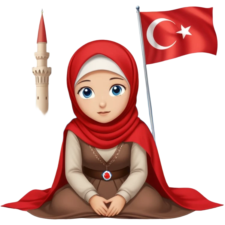 Turkish beautiful finish Konya girl blue eyes with red white hijab dress with turkish flag and watching the sky on the ground  emoji