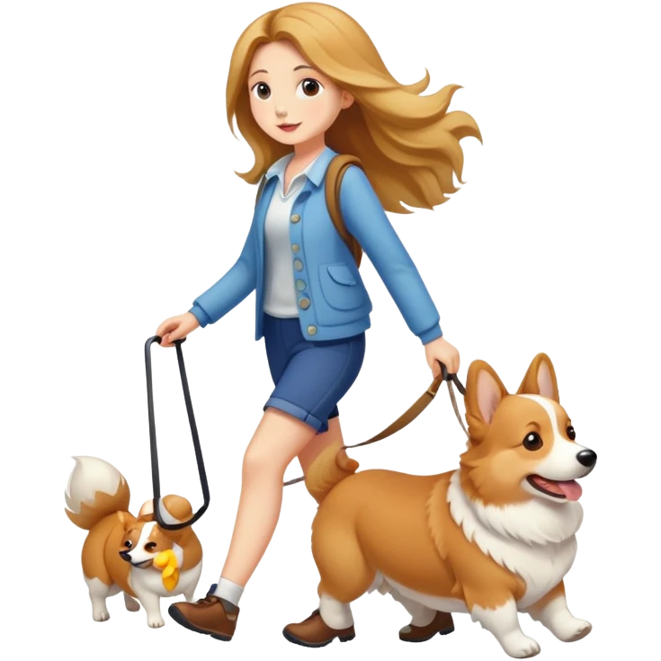 A long-haired girl walking a corgi emoji