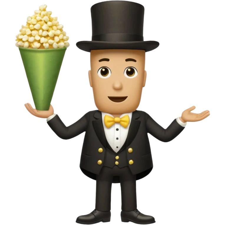 Popcorn cone traffic dancing 3 legs 2 on the floor his 3rd arm is holding his 3rd leg and 1 pickle dipped in ranch on his black top hat emoji
