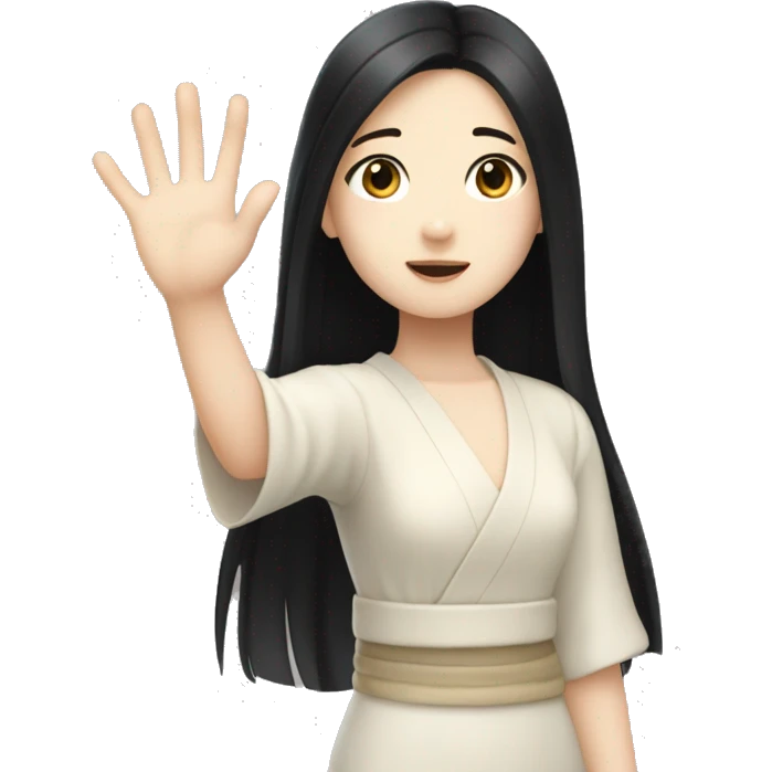 Japanese girl with long black hair and pale skin waving her hand saying hello emoji