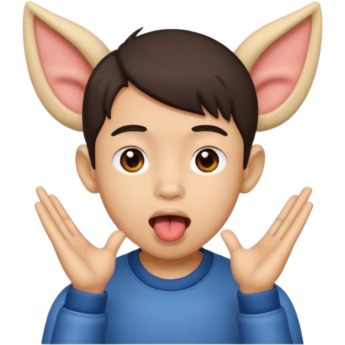 a boy with asian eyes holding his ears and with his tongue out emoji