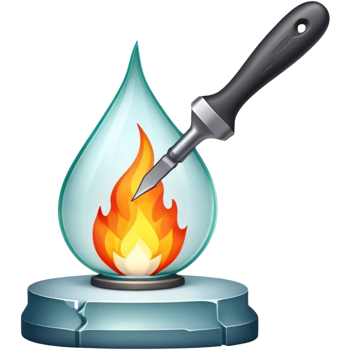 Glassworking icon, piece of glass being shaped with tools, glass cutter, flame for glassblowing, smooth edges, sparkling texture, minimalistic style, clean lines, transparent background. emoji