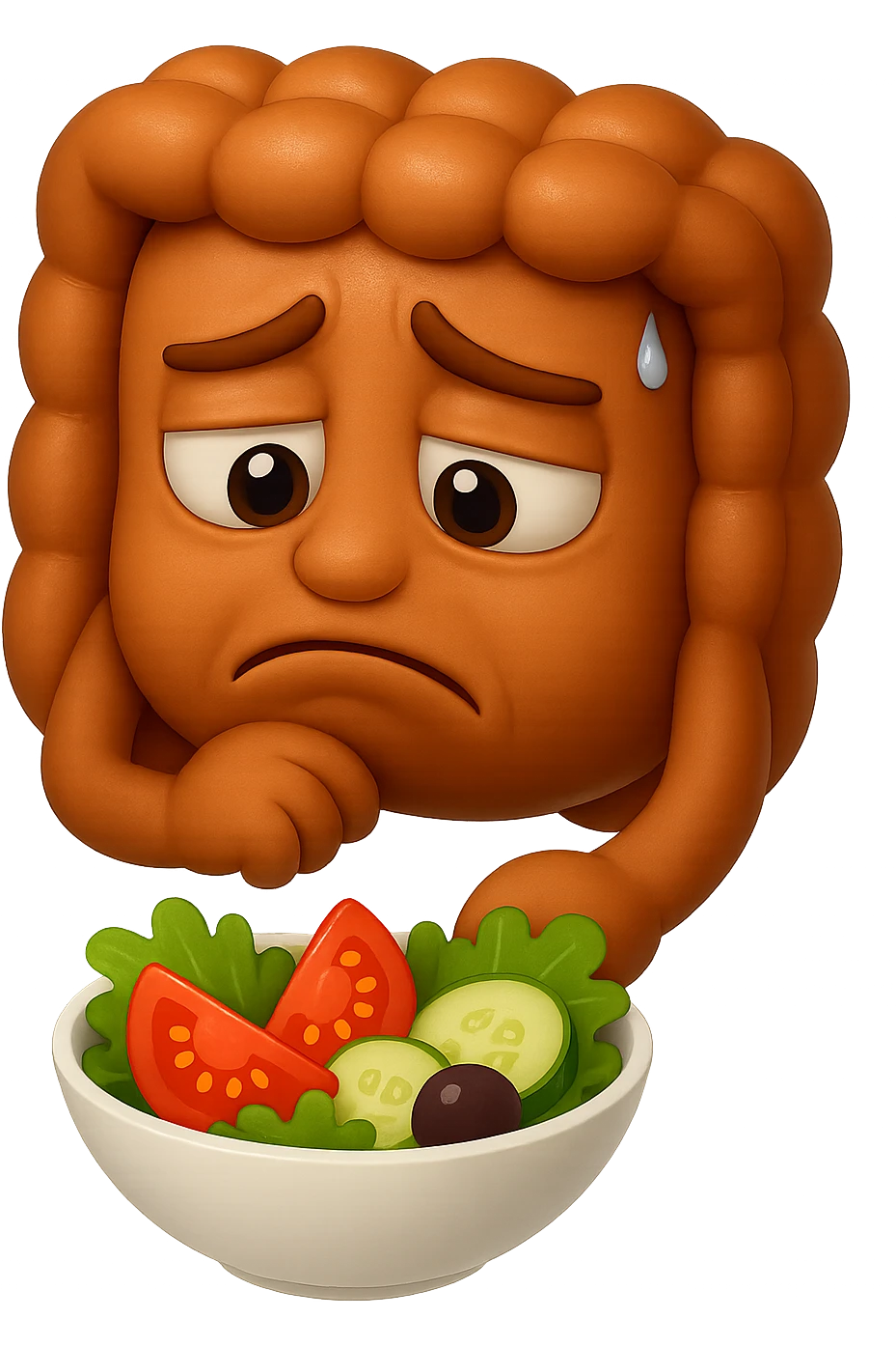 EMOJI STILE IPHONE DI UN INTESTINO UMANO ANATOMICO CHE GUARDA UN INSALATA CON ESPRESSIONE TRISTE E RASSEGNATA IN VOLTO: SOFFRE LA FAME PERCHé è A DIETA, FAGLI ANCHE LA PARTE BIANCA DEGLI OCCHI, NON SOLO LE PUPILLE, IPERREALISTICO 4K emoji