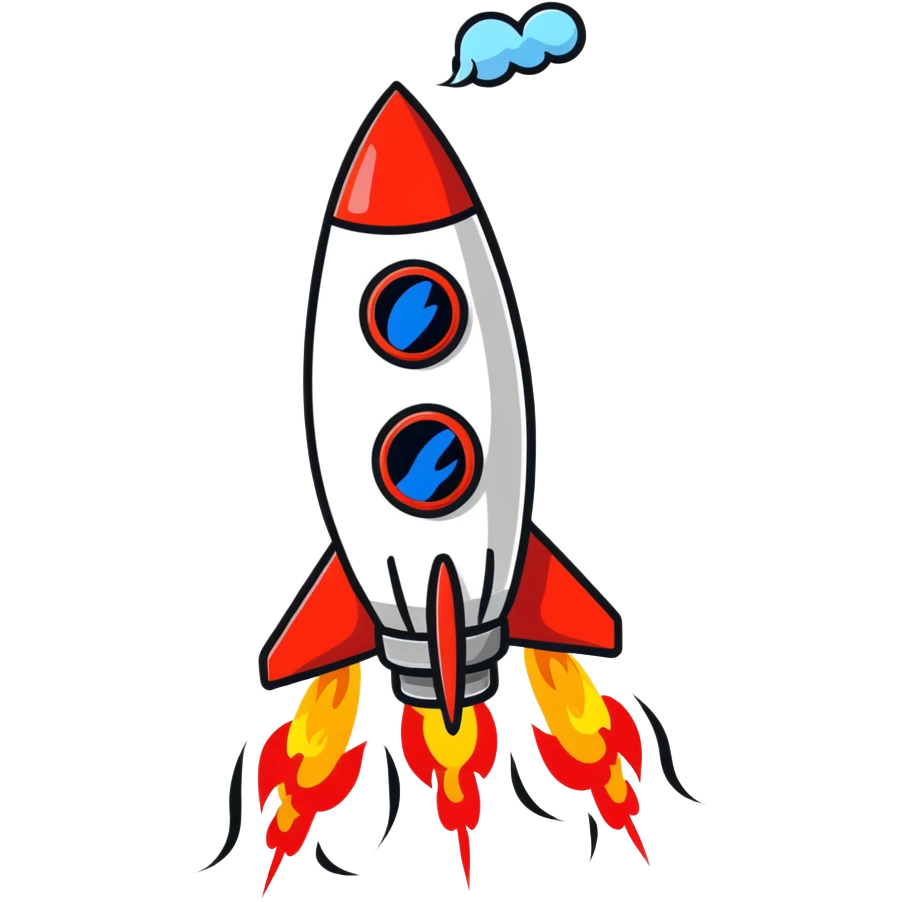 A colorful rocket blasting off with flames and clouds of smoke emoji
