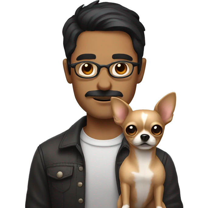 dark hair dark eye man with short mustache wearing glasses holding chihuahua emoji