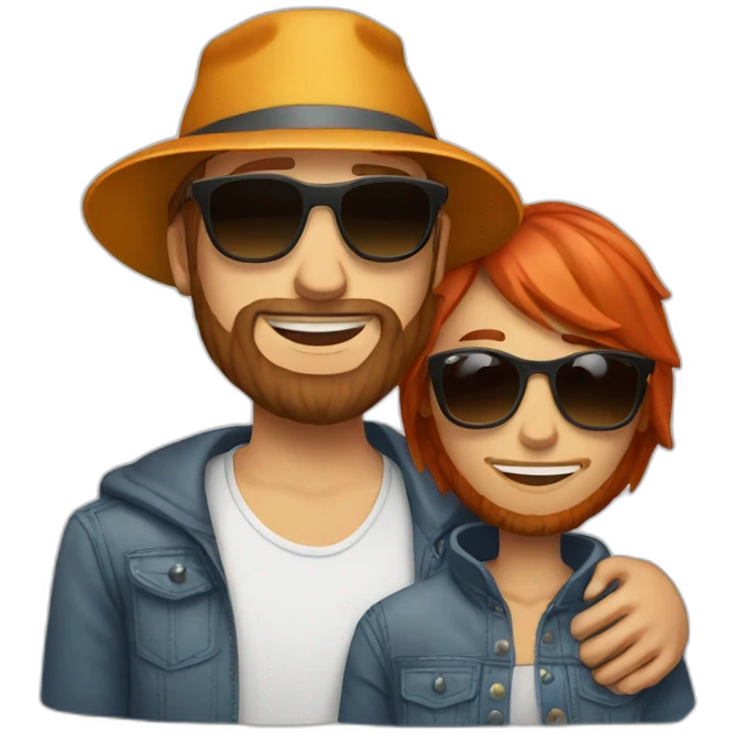 red haired man with beard wearing bucket hat and sunglasses hugging another person emoji