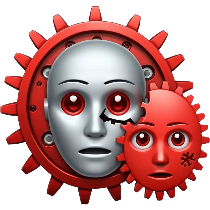 Broken Face ID scanner icon with red X and gears settings nearby, flat UI style alert. emoji