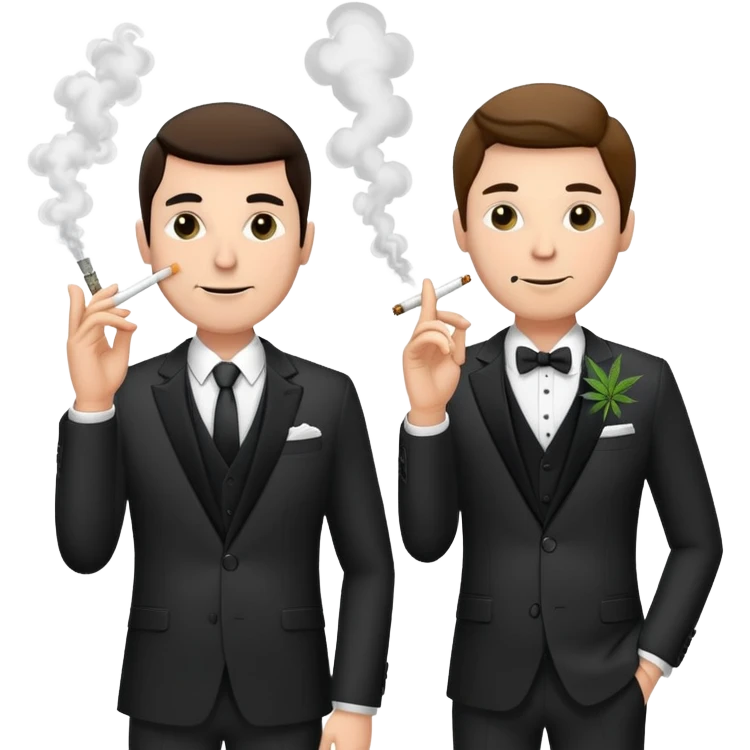Two well-dressed men in suits crashing a wedding party, smoking cannabis emoji