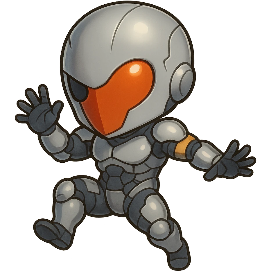 Chibi Grey Fox from Metal Gear Solid, cute proportions, metallic armor, playful stance emoji