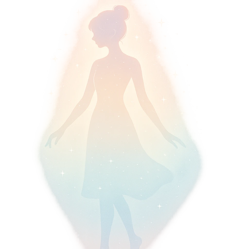 graceful, radiant figure with a soft pastel aura and a hint of sparkle, symbolizing lightness and beauty, in a minimalist silhouette emoji