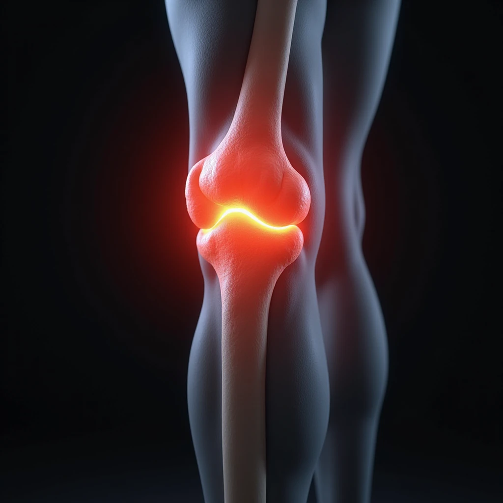 hyperrealistic illustration on white background of a leg with overload: bent knee and area above the knee highlighted by a red halo, tense muscles, 4K details, variant 3 emoji