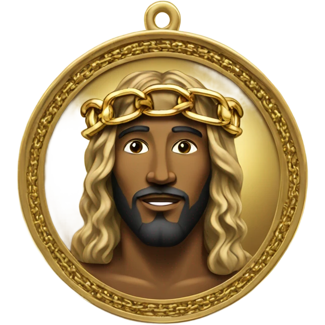 A gold chain attached to a gold and platinum medallion with the face of Black Jesus smiling. emoji