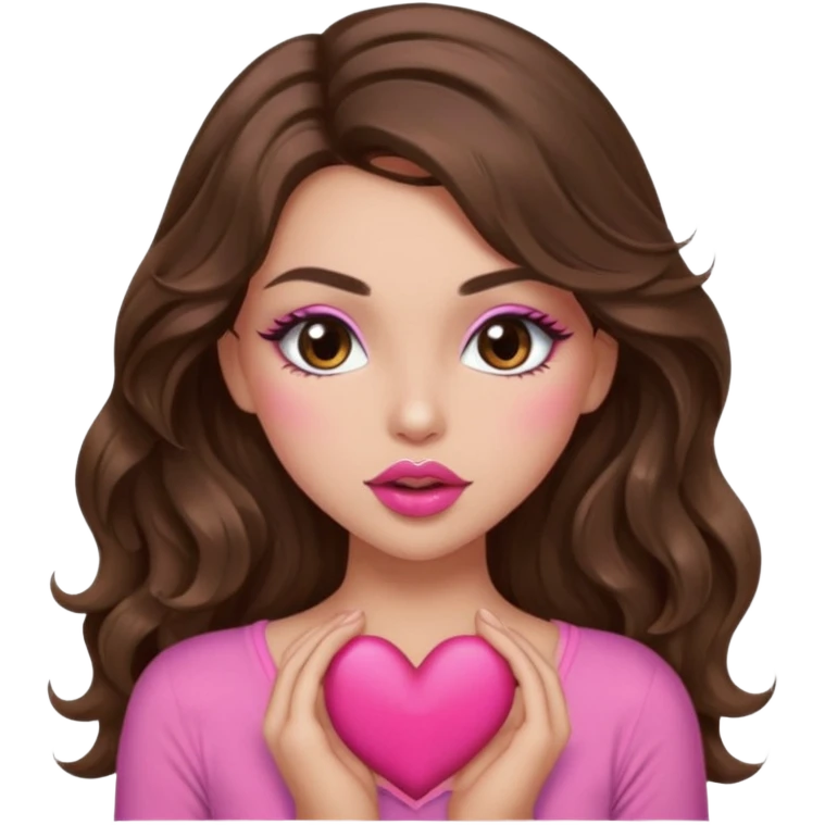 girl with long wavy brown hair, brown eyes, long lashes makeup, sexy pink lips, light to medium complexion, wearing a pink sexy top, sexy , puckering, blushing, kissing a heart sexy emoji