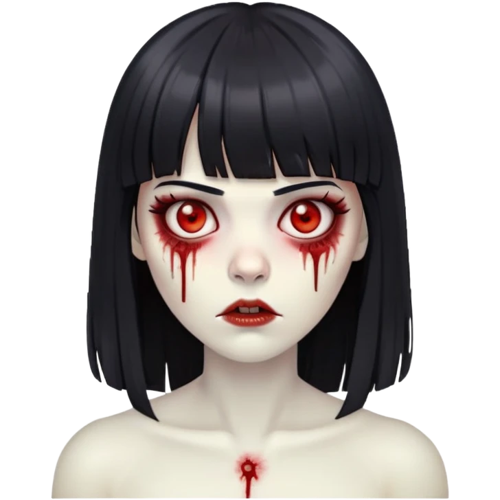 Mulher zumbi com cabelo preto liso e com franja e olhos vermelhos  emoji