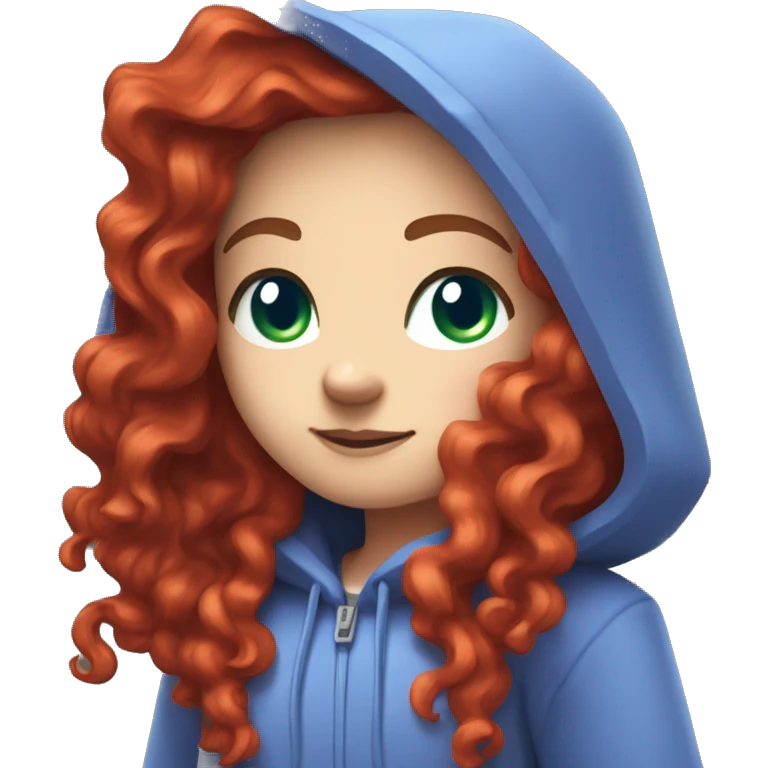 a white girl with long red curly hair, wearing periwinkle Minecraft hoodie playing a videogame emoji