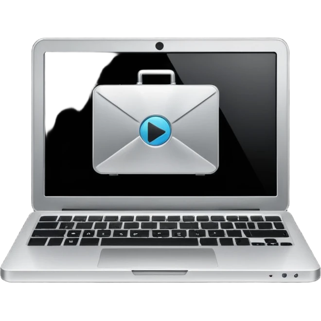 laptop with a play button and gear above emoji