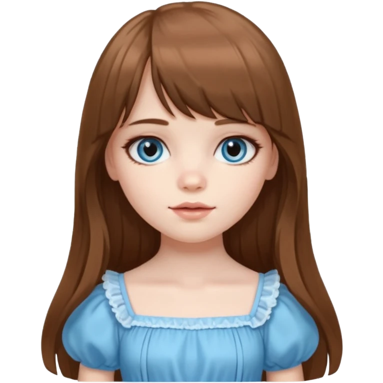 A pale girl with very long brown hair with bangs and a layer longer than that, wearing a cute sky blue dress and cute doll makeup.  emoji
