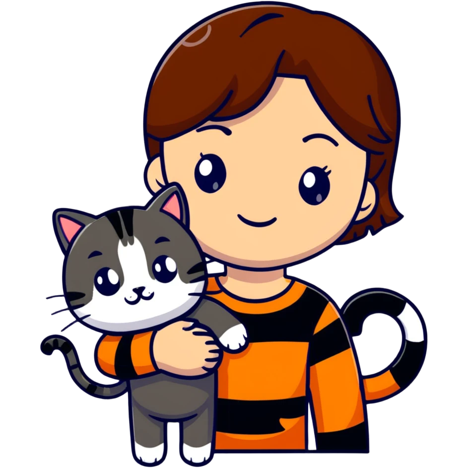tan brown-haired girl holding two cats, one black cat and one orange tiger-striped cat emoji