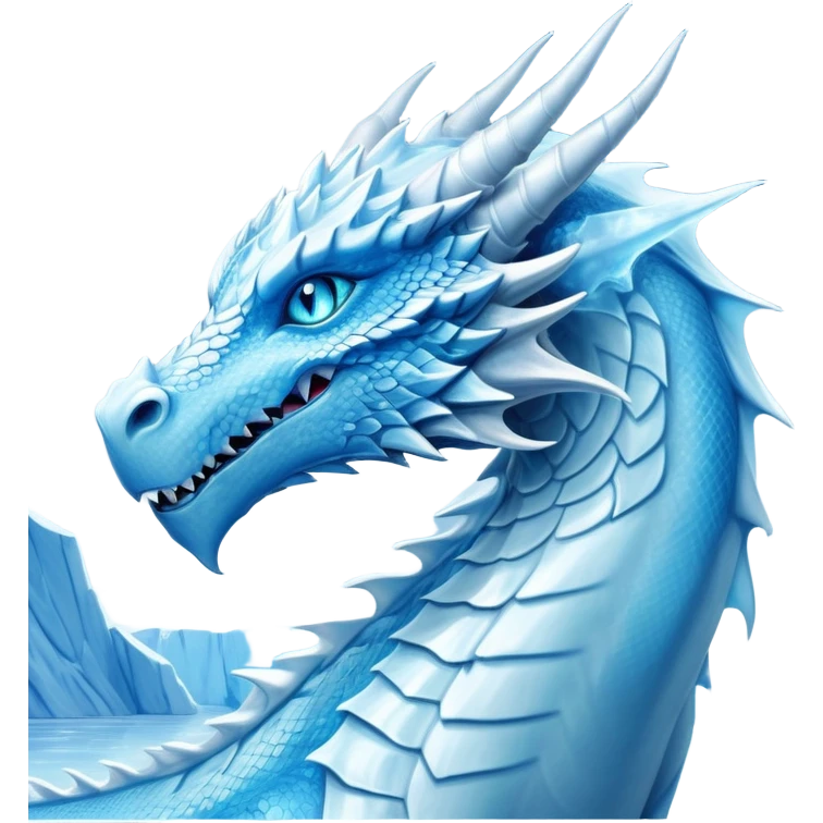 Cinematic Noble wise elegant Ice Dragon Portrait Emoji, Poised and imposing, distinct long elegant snout, with a slender, scaled body shimmering in glacial hues of icy blue, frostbitten silver, and crystalline white, breathing out frost, with piercing, glowing ice blue white eyes that radiate the chilling depths of an arctic storm; rendered in detail. excuding wisdom emoji