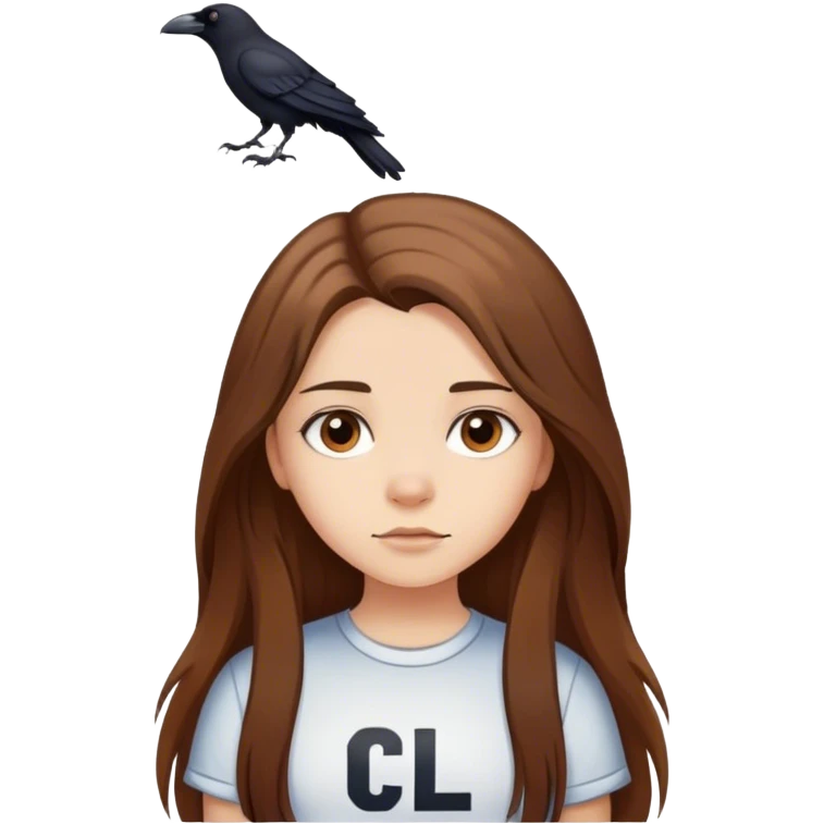 Young Girl with long brown hair wearing a shirt printed with the letters CL and a crow on it emoji