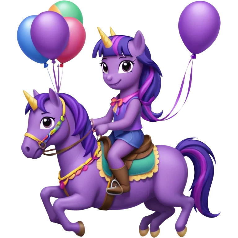 twillight sparkle mlp holding colorful balloons tied to its saddle, looking cheerful. emoji