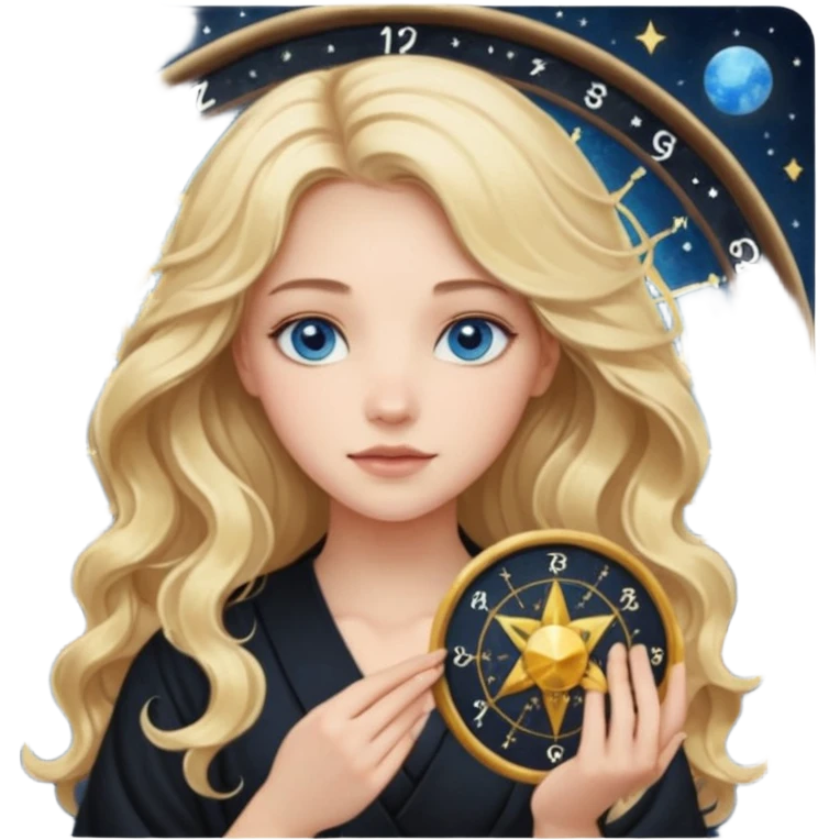 A long wavy haired blonde girl with blue eyes, wearing black, holding astrology natal chart. emoji