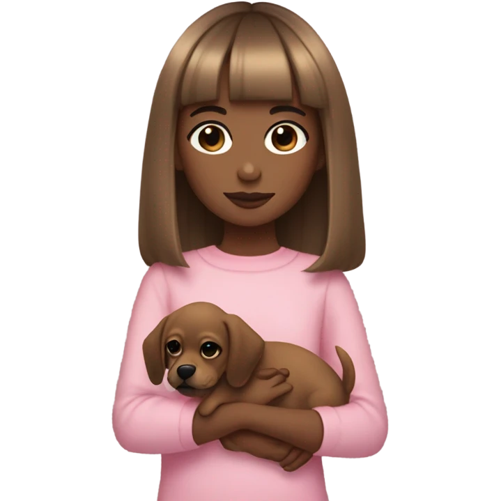 girl with straight light brown hair with a bang a little above her eyebrows holding a black chiguagua puppy, pink aesthetic emoji