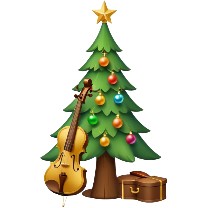 A cute, minimal emoji-style Christmas tree with a bright green triangular shape, decorated with a simple glowing light garland and round colorful baubles, a wooden violin replacing the trunk, and a small playful monkey sitting at the very top carefully placing a golden Christmas star emoji