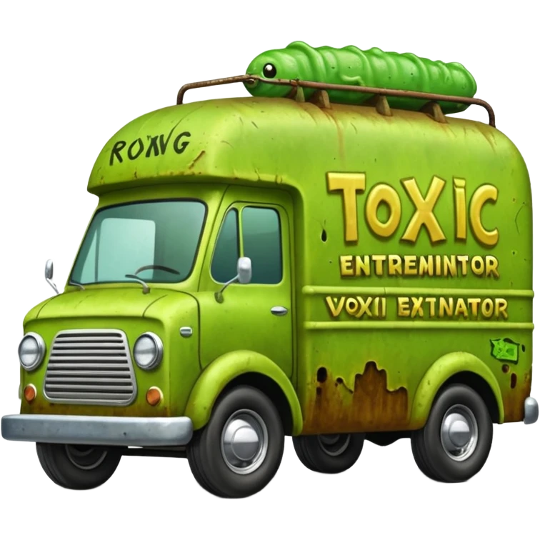 Heroic  SuperBug Ron’s toxic slime-oozing exterminator antique tall moving van hot rod(motto: We come You pay) emoji