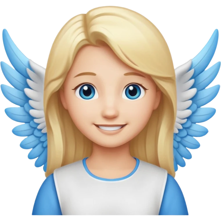 angel emoji blonde hair, blue eyes and smiling, larger wings with darker outline on them and bigger smile emoji