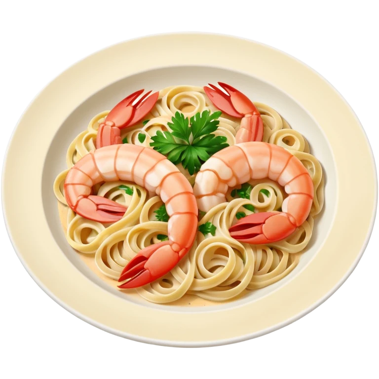 create a Whole Shrimp Linguini Camera angle: slightly elevated top-down view with a gentle bird’s-eye perspective (about 15–20°), identical perspective and scaled do not add anything on plate

 emoji