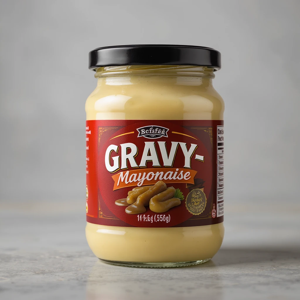 gravy mayonaise hybrid named  gravyonaise, product packgaging, jar emoji