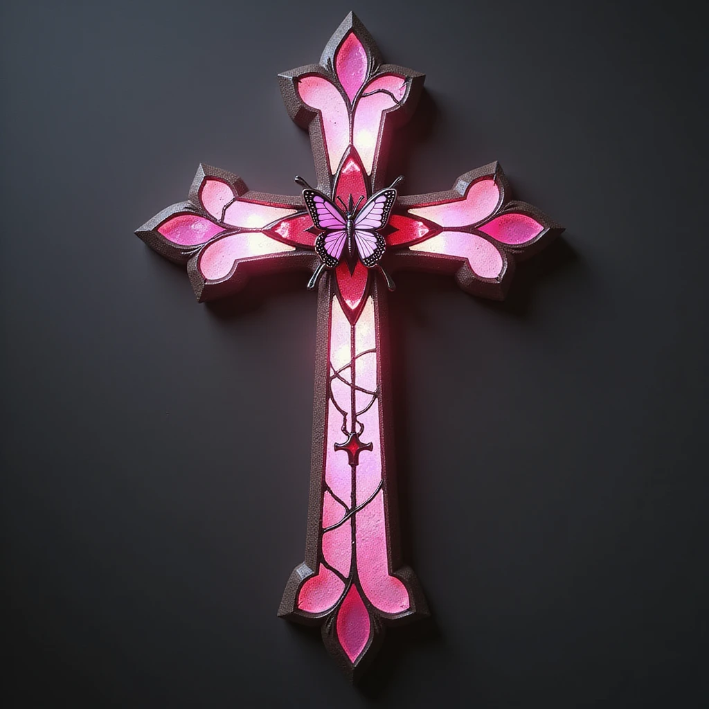 realistic gothic cross, pink with stained glass and butterfly accents, photorealistic style, no background emoji